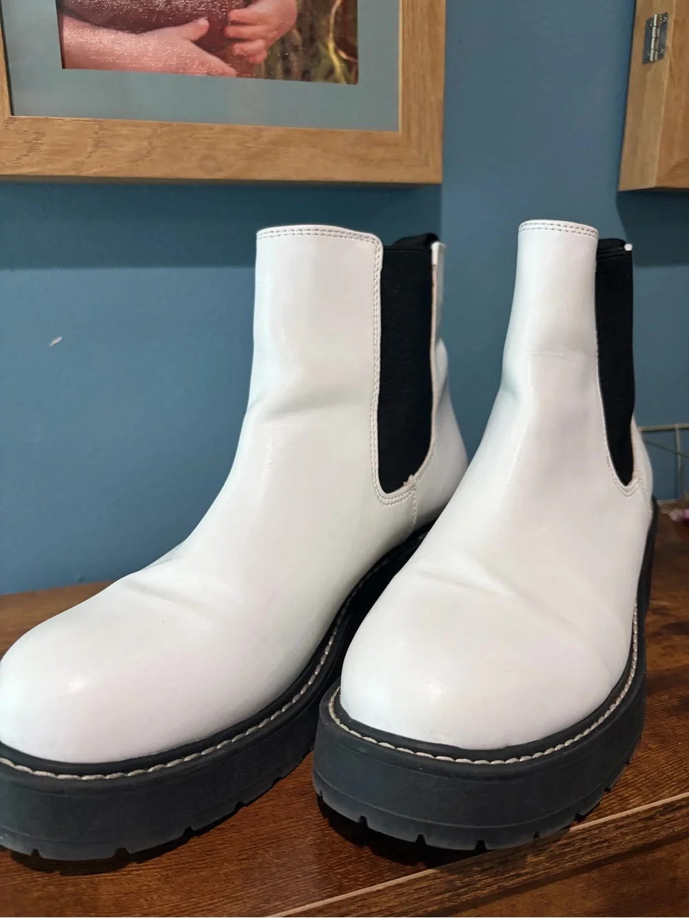 Steven By Steve Madden White Chelsea Platform Booties with Black Elastic